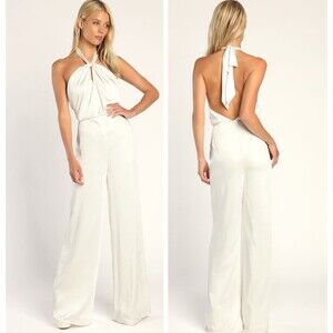 Lulus Adoring Angel Ivory Satin Wide-Leg Halter Jumpsuit Size XS Bridal Cocktail